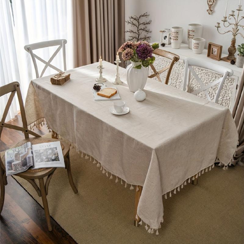 Boho Linen Tablecloth Beige Tassel Table Cover