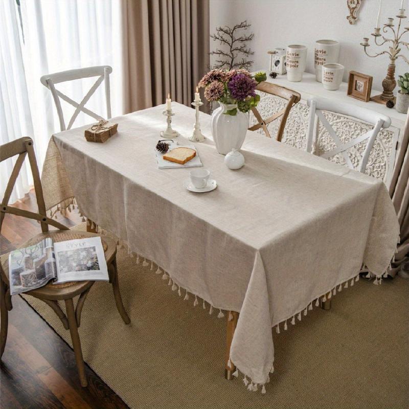 Boho Linen Tablecloth Beige Tassel Table Cover