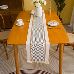Khaki Polyester Table Runner with Retro Grid and Hollow Tassels