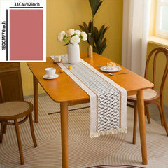 Khaki Polyester Table Runner with Retro Grid and Hollow Tassels