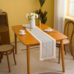 Khaki Polyester Table Runner with Retro Grid and Hollow Tassels