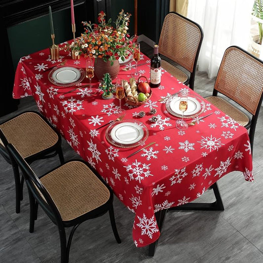 Polyester Tablecloth Merry Christmas Snowflake Red Table Cover