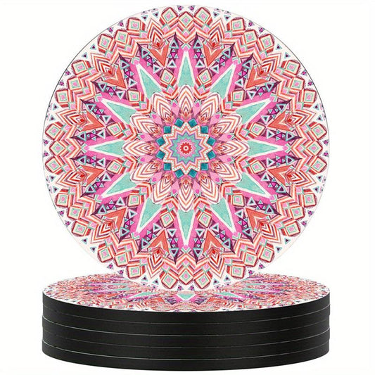 Boho Persian Drink Coasters Set of 6, Absorbent Rubber with Non Slip Backing