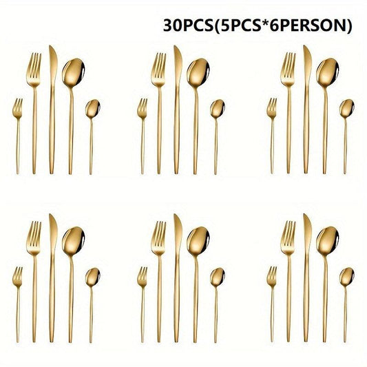 24pcs Stainless Steel Golden Flatware Set, Portuguese Dinnerware Silverware