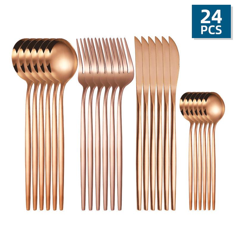 24 Pcs Golden Stainless Steel Cutlery Set Mirror Flatware Portuguese Spoon