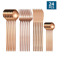24 Pcs Golden Stainless Steel Cutlery Set Mirror Flatware Portuguese Spoon
