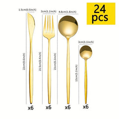 24 Pcs Golden Stainless Steel Cutlery Set Mirror Flatware Portuguese Spoon