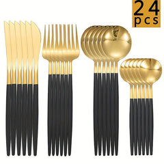 24 Pcs Golden Stainless Steel Cutlery Set Mirror Flatware Portuguese Spoon