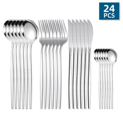 24 Pcs Golden Stainless Steel Cutlery Set Mirror Flatware Portuguese Spoon