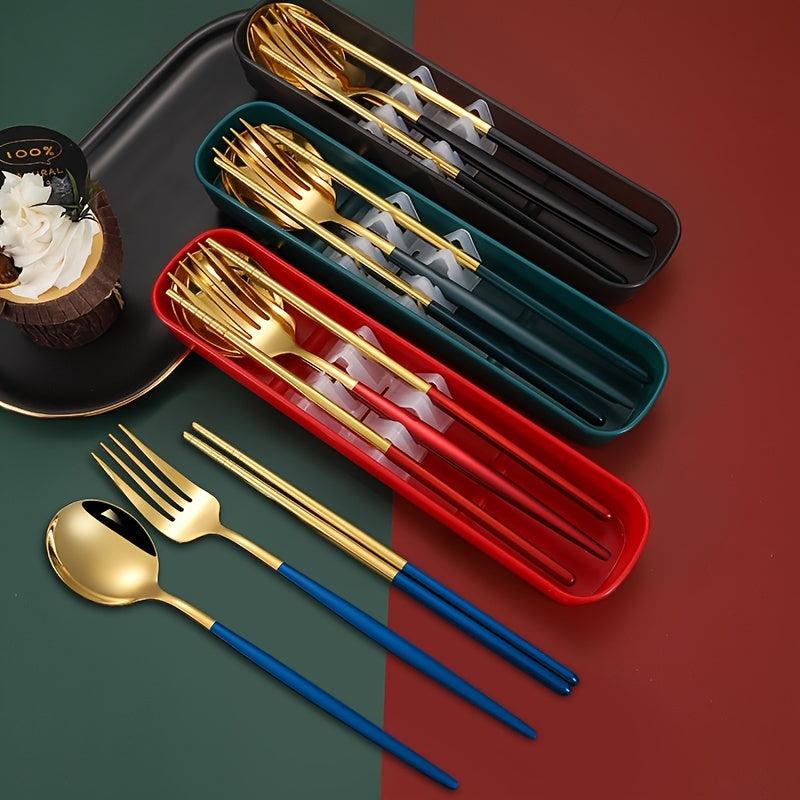 4pcs Stainless Steel Cutlery Set with Travel Case Spoon Fork Chopsticks