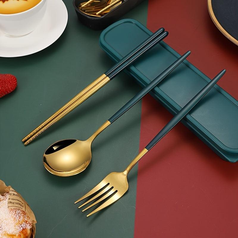 4pcs Stainless Steel Cutlery Set with Travel Case Spoon Fork Chopsticks