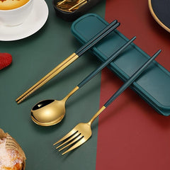 4pcs Stainless Steel Cutlery Set with Travel Case Spoon Fork Chopsticks