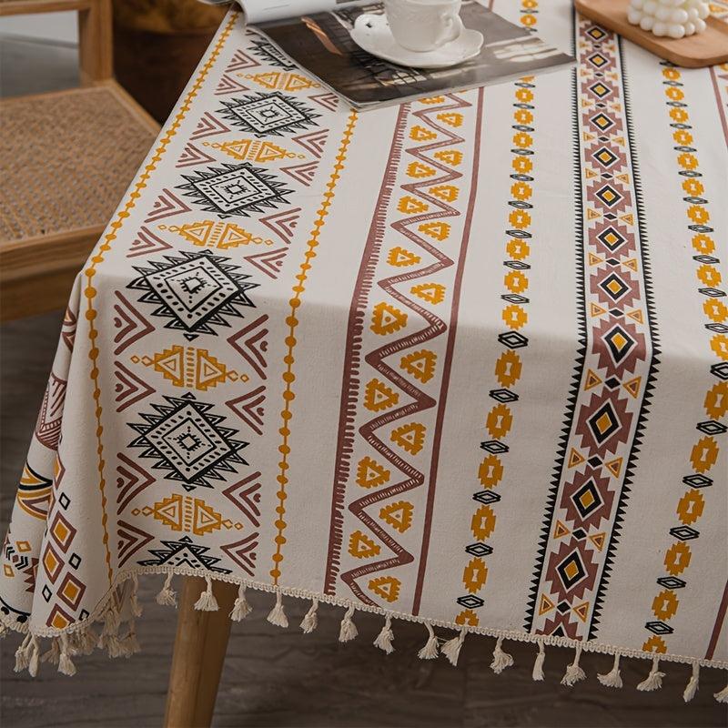 Boho Style Rectangular Tablecloth with Tassels Waterproof Home Decor