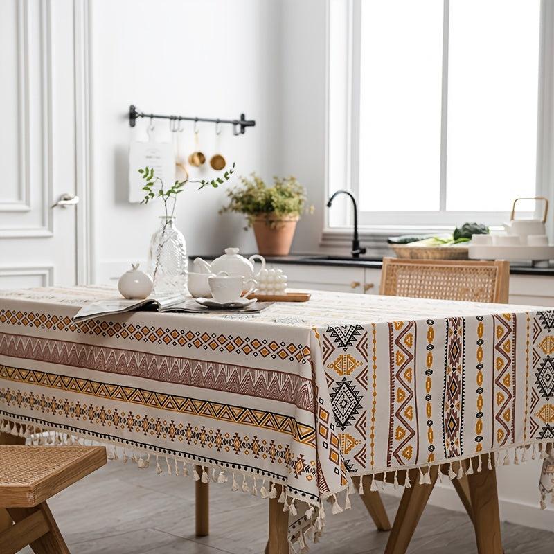 Boho Style Rectangular Tablecloth with Tassels Waterproof Home Decor