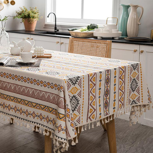 Boho Style Rectangular Tablecloth with Tassels Waterproof Home Decor