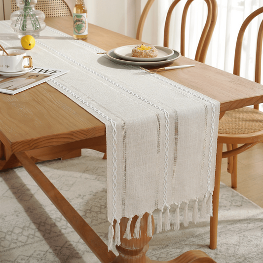 Fall Rustic Farmhouse Linen Table Runner with Tassels