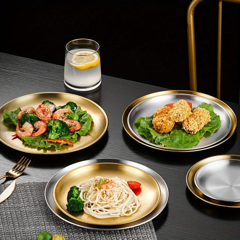 5pcs Multifunction Stainless Steel Dinner Plate Round Golden