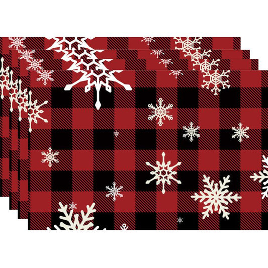 4pcs Christmas Placemats Red Plaid Table Pad Snowflake Santa Deer Pattern
