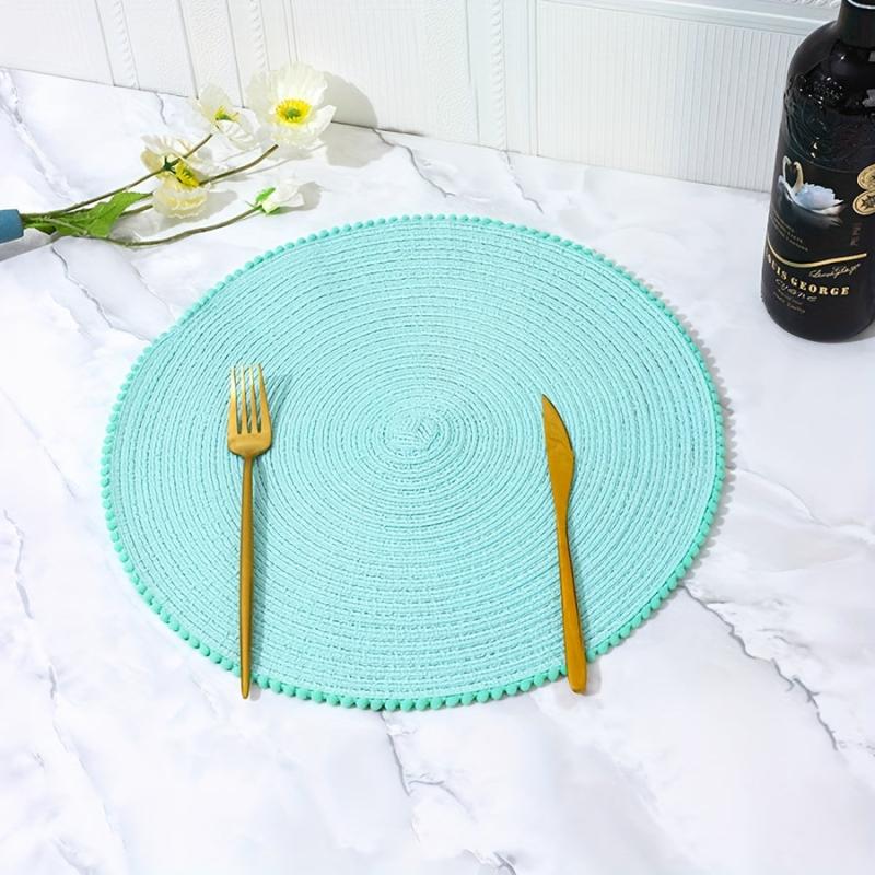 6pcs Cotton Placemat Round Yarn Fur Ball Lace Table Mat