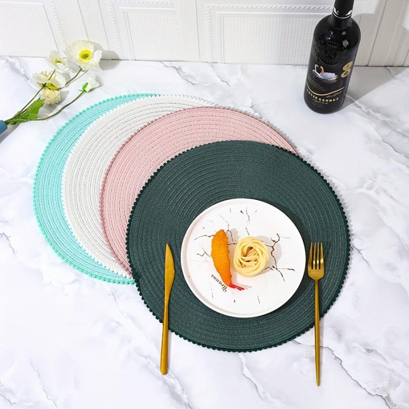 6pcs Cotton Placemat Round Yarn Fur Ball Lace Table Mat