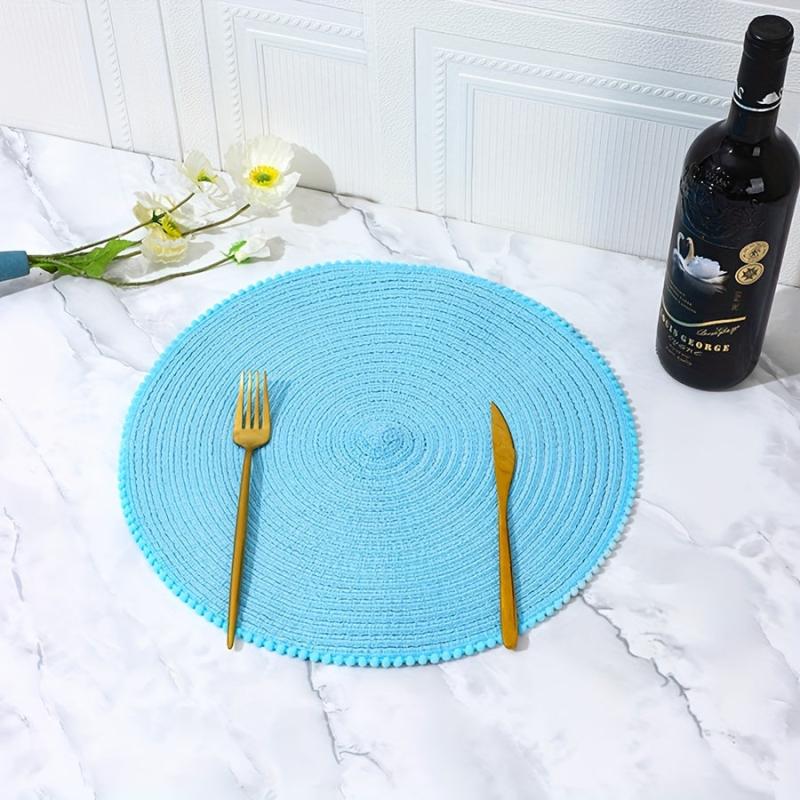6pcs Cotton Placemat Round Yarn Fur Ball Lace Table Mat