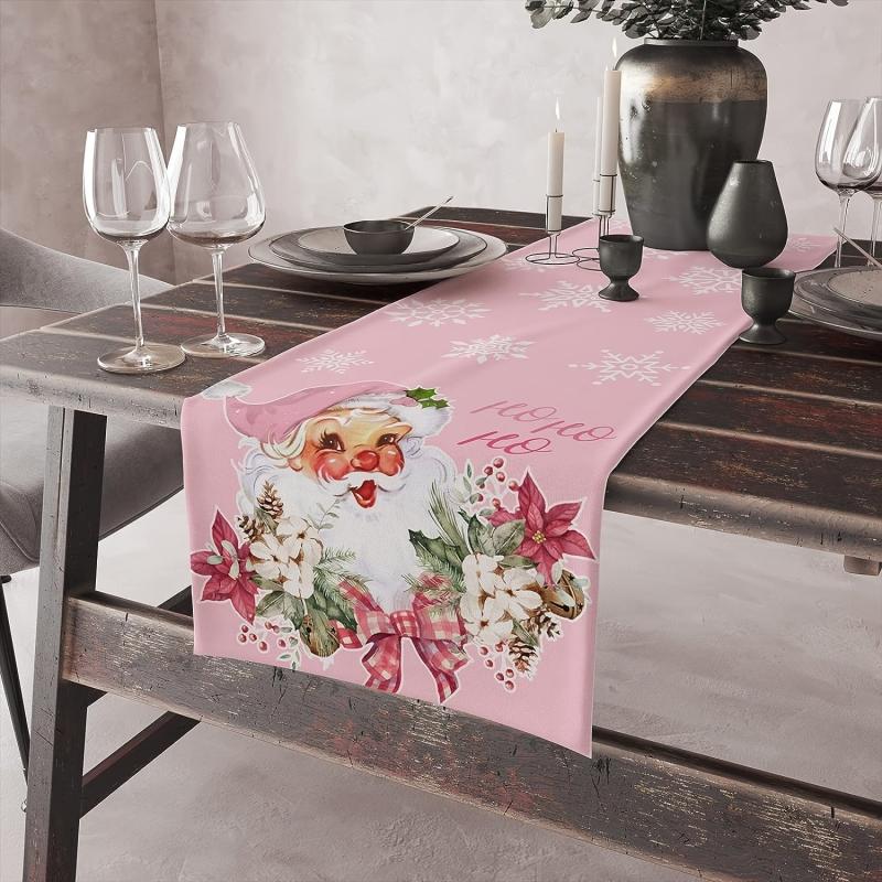 Pink Xmas Table Runner Santa Claus Snowflake Pattern