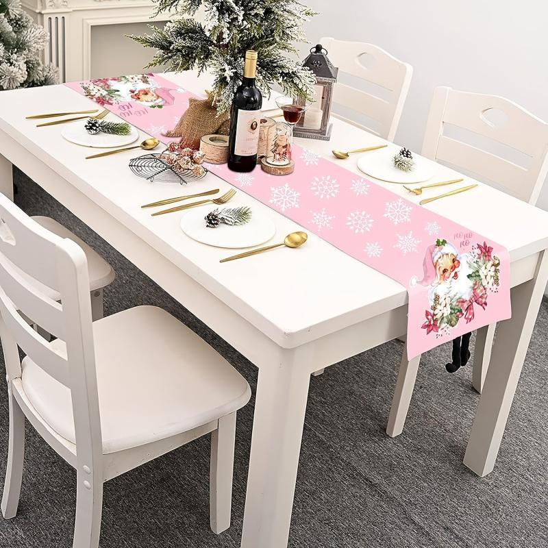Pink Xmas Table Runner Santa Claus Snowflake Pattern