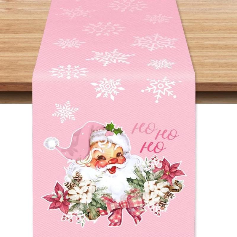 Pink Xmas Table Runner Santa Claus Snowflake Pattern