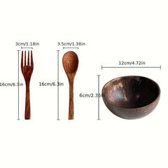Coconut Bowl with Spoon & Fork - Natural Wooden Bowl for Salad, Soup, Dessert