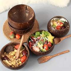 Coconut Bowl with Spoon & Fork - Natural Wooden Bowl for Salad, Soup, Dessert