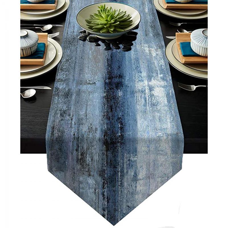 Burlap Rustic Table Runner Abstract Art Denim Contrast Farmhouse Style