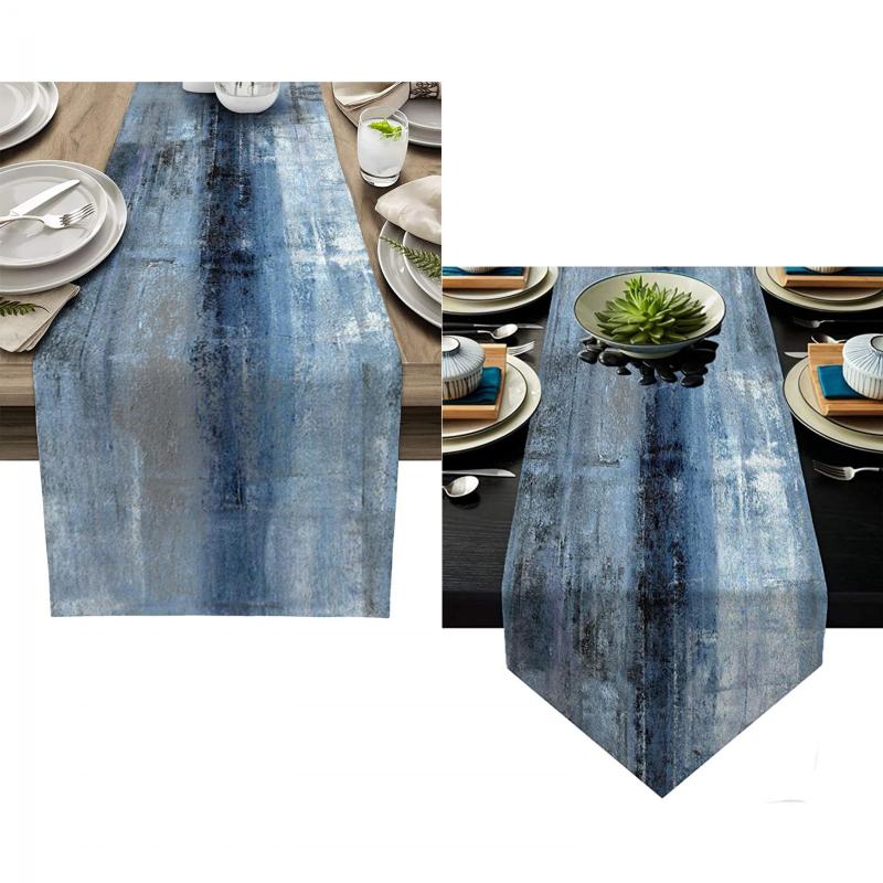 Burlap Rustic Table Runner Abstract Art Denim Contrast Farmhouse Style