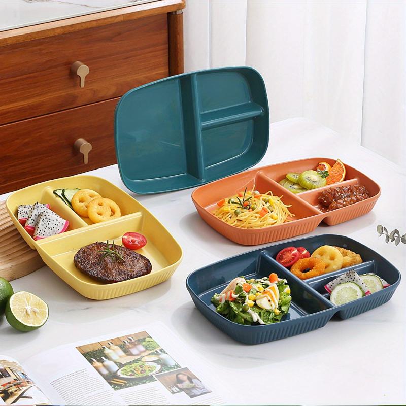 4PCS Unbreakable Three Grid Meal Plate Striped Snack Plate