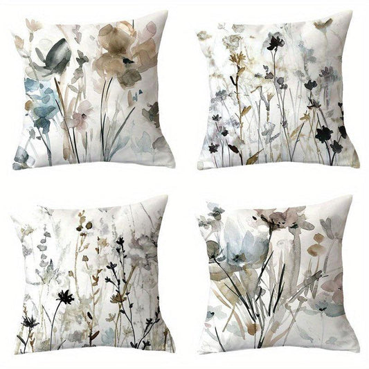 Watercolor Floral Plant Pattern Pillowcase x4 for Home Decor