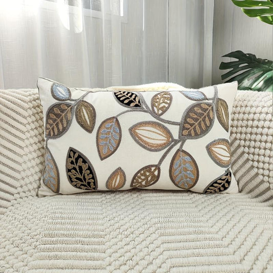Leaf Embroidered Throw Pillow Case Canvas Cushion Cover Home Decor