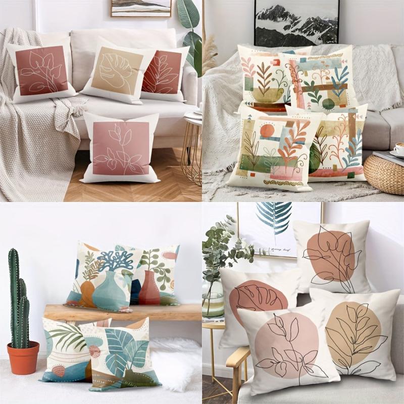 4pcs Retro Geometric Throw Pillow Covers Flower Plant Print