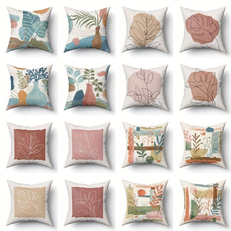 4pcs Retro Geometric Throw Pillow Covers Flower Plant Print