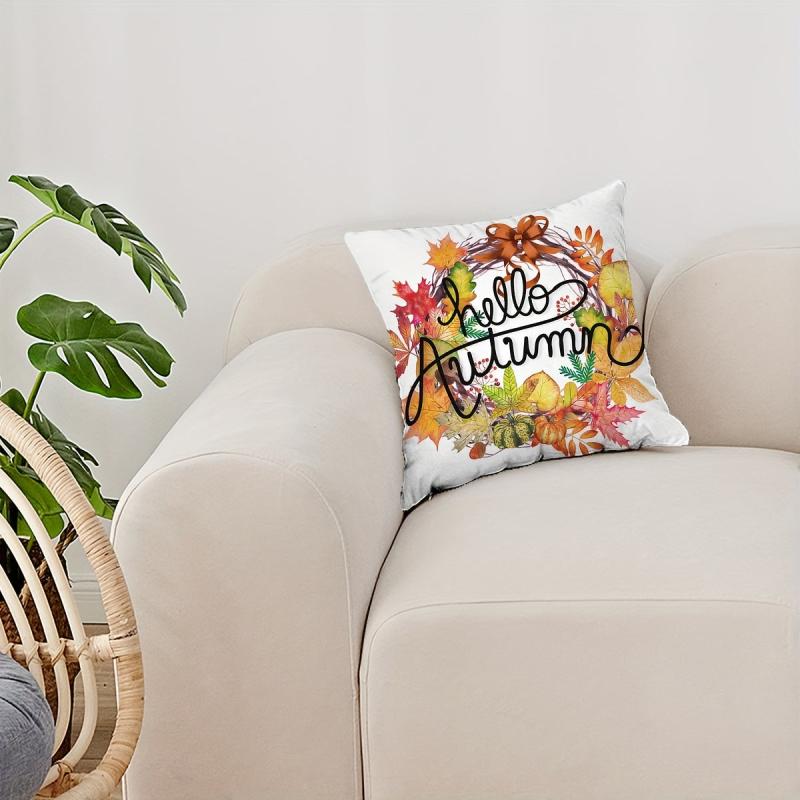 Autumn Pumpkin Maple Leaf Wreath Digital Print Throw Pillow Cover