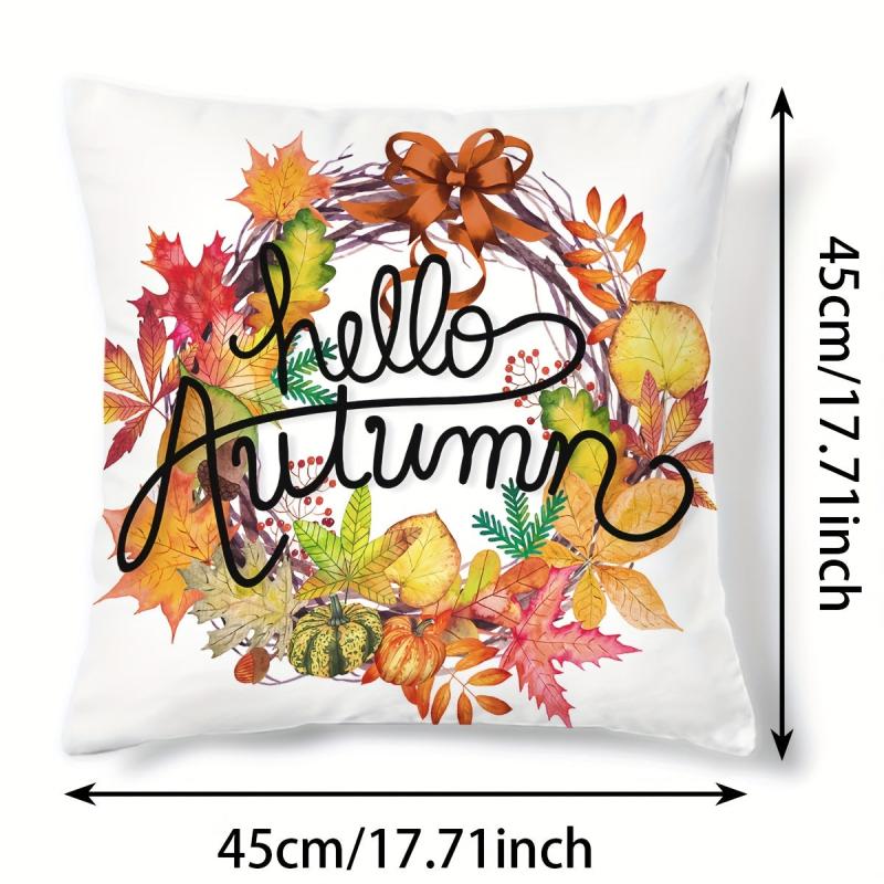 Autumn Pumpkin Maple Leaf Wreath Digital Print Throw Pillow Cover