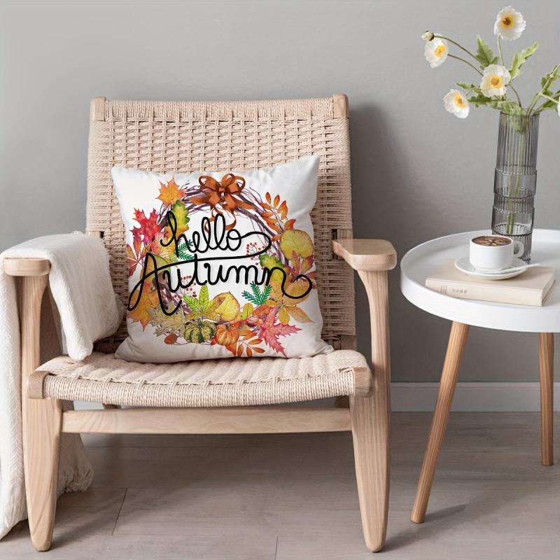 Autumn Pumpkin Maple Leaf Wreath Digital Print Throw Pillow Cover