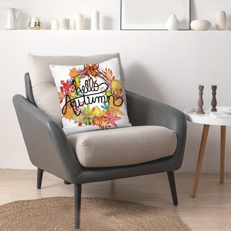 Autumn Pumpkin Maple Leaf Wreath Digital Print Throw Pillow Cover