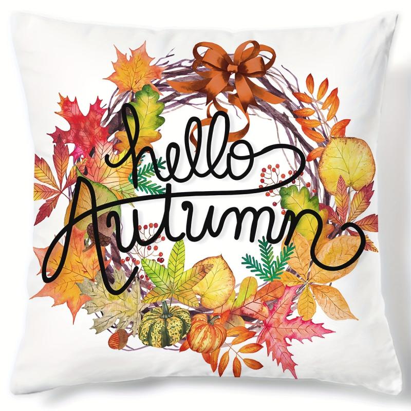 Autumn Pumpkin Maple Leaf Wreath Digital Print Throw Pillow Cover
