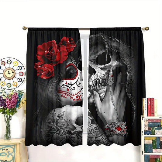 2pcs Halloween Red Rose Gothic Skeleton Curtain