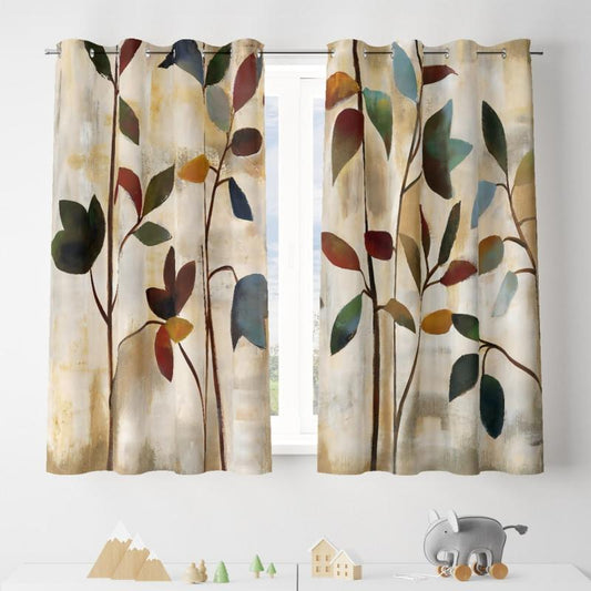 2pcs Hand Painted Leaves Pattern Curtains