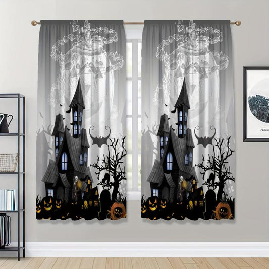 Halloween Curtains Castle Pumpkin Bat Printed Translucent Curtains