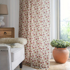 Boho Floral Curtain Soft Cotton Hemp Fabric for Living Room Bedroom Beige Tassel