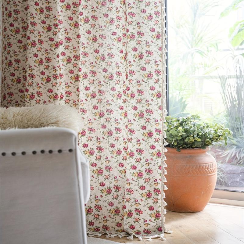 Boho Floral Curtain Soft Cotton Hemp Fabric for Living Room Bedroom Beige Tassel