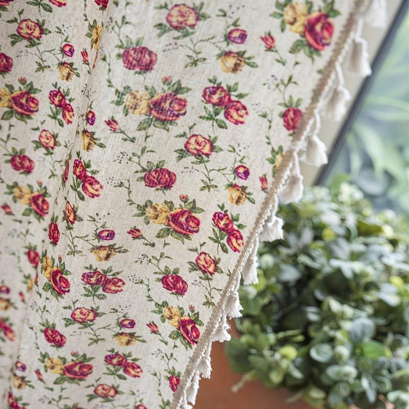 Boho Floral Curtain Soft Cotton Hemp Fabric for Living Room Bedroom Beige Tassel