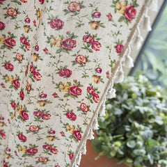 Boho Floral Curtain Soft Cotton Hemp Fabric for Living Room Bedroom Beige Tassel