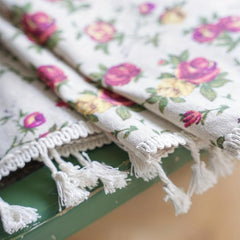 Boho Floral Curtain Soft Cotton Hemp Fabric for Living Room Bedroom Beige Tassel